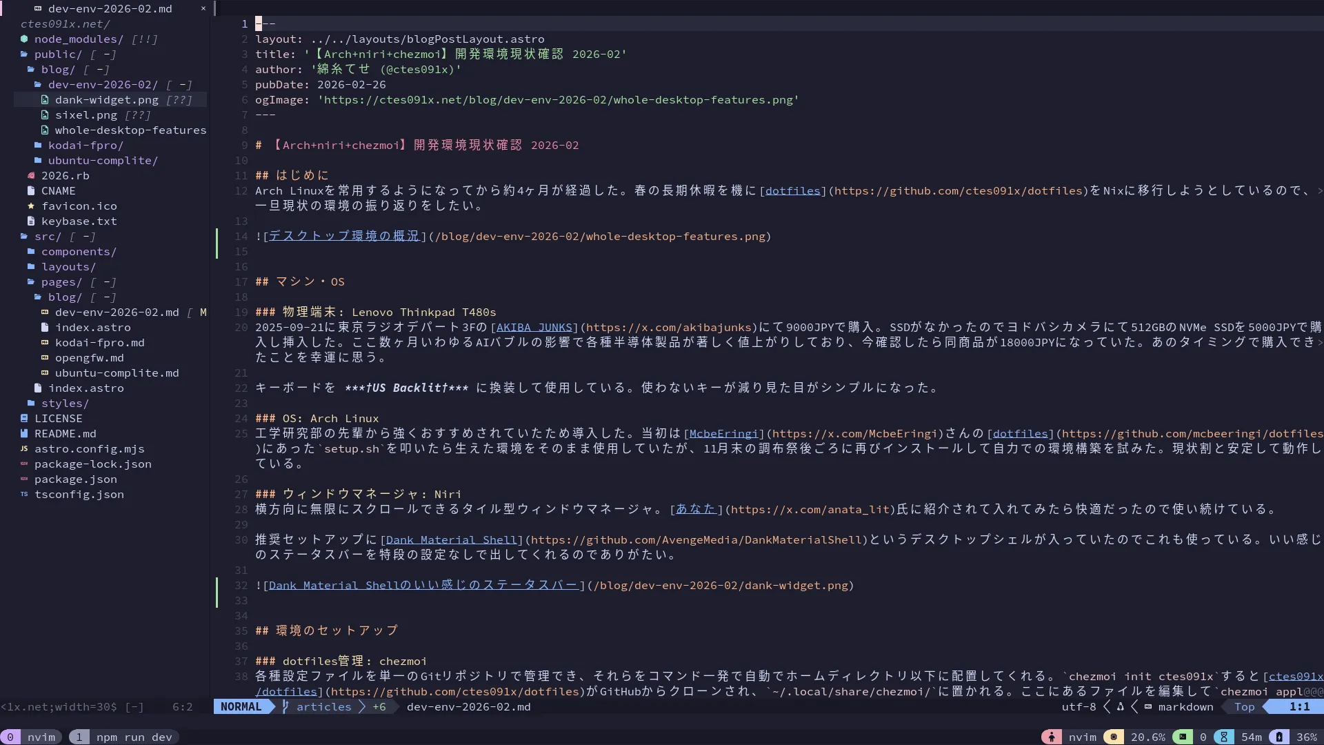 Neovimでこの記事を編集している様子